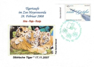 RPV: MiNr. 2, 01.Tigertaufe im Zoo Hoyswerda, 28.02.2008, Sonderbeleg, Sonderstempel (3)