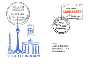 PIN AG: MiNr. 14, 02.04.2003, "100 Jahre SARRASANI", Wert zu 0,45 EUR, Sonderbeleg, FDC, Ersttagsstempel