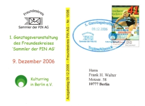 PIN AG: MiNr. 113, 24.03.2006, "Briefshop Sparkasse Leipzig - Geförderte Sportler", Wert zu 0,41 EUR, Sonderbeleg, Sonderstempel "1. Ganztagstreffen"