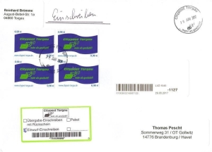 Kraftverkehr Torgau Citypost: MiNr. 20 I, 16.09.2013, "Neues Logo", Wert zu 0,90 EUR, Ganzstück (Umschlag), Einschreiben, echt gelaufen