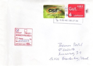 City Brief Bote: MiNr. 26, 19.07.2010, "Einschreibemarke Einwurf", Wert zu 1,52 EUR, Ganzstück (Umschlag), Tagesstempel, gelaufen