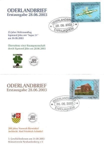 Oderlandbrief: MiNr. 1 B - 2 B, 28.06.2003, "25 Jahre Weltraumflug / 200 Jahre Vorwerk Bärwinkel", Satz, Ganzstück (Umschlag, FDC), Ersttagsstempel