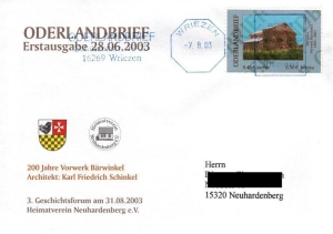 Oderlandbrief: MiNr. 2 B, 31.08.2003, Vorwerk Bärwinkel, Ganzstück (Umschlag), Freimachung, echt gelaufen