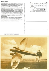 Oderlandbrief: 17.11.2004, "70 Jahre Erstflug des Heinkel He-111", Postkarte, Ersttagssonderstempel