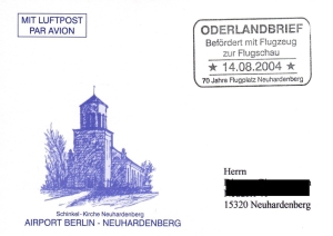Oderlandbrief: 14.08.2004, "70 Jahre Flugplatz Neuhardenberg", Ganzstück (Postkarte), Sonderstempel