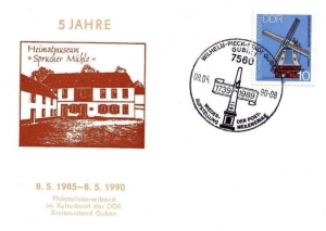 DDR: 08.05.1990, "Heimatmuseum Spucker Mühle, Guben" Ganzstück (Postkarte), Sonderstempel