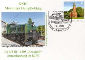 BRD: 02.09.2017, "XXIII. Meininger Dampfloktage", Ganzstück (Postkarte), Sonderstempel "Krokodil Ce 6/8 III 14305"