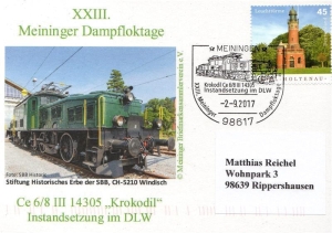 BRD: 02.09.2017, "XXIII. Meininger Dampfloktage", Ganzstück (Postkarte), Sonderstempel "Krokodil Ce 6/8 III 14305", echt gelaufen
