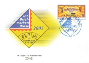 PIN AG: MiNr. , 08.09.2005, Ganzsachenausgabe "Briefmarkenbörse Berlin 2005 / SWATCH.FIVB", Ganzsache (Umschlag), Ersttagsstempel