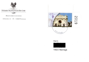 Die Briefboten: MiNr. 2, 11.11.2004, Potsdamer Ansichten, Wert zu 0,49 EUR, Bogennummer, Ganzstück (Umschlag), echt gelaufen
