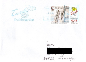 Turbopost: 00.04.2006, "Cleo Skribent, Bad Wilsnack", Wert zu 0,48 EUR, Ganzstück (Umschlag), echt gelaufen