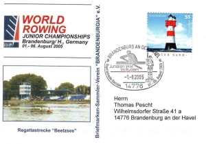 BRD: 01.08.2005, "Junioren-WM im Rudern, Brandenburg an der Havel", Ganzsache (Umschlag), Sonderstempel, echt gelaufen