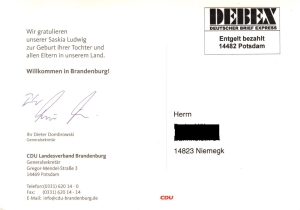 Postkarte des Landesverbandes der CDU Brandenburg mit vorgedruckter Freimachung "Entgelt bezahlt",