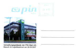 PIN Mail: Ganzstück (Postkarte) zum Besuch im Logistikzentraum der PIN Mail AG durch den Freundeskreis PIN Mail, Absenderfreistempel