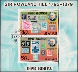 Korea (Nord): MiNr. 1973 - 1974 KB II, 01.03.1980, 100. Todestag von Rowland Hill, Kleinbogen, Tagesstempel
