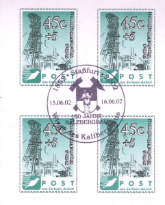 Grüne Post: MiNr. 4, 15.06.2002, "150 Jahre Kalibergbau in Staßfurt", Satz, Viererblock, Ersttagssonderstempel