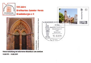 BRD: 11.08.2019, 100 Jahre Brandenburgia e. V., Brandenburg an der Havel, Plusbrief Individuell (Umschlag), Sonderstempel