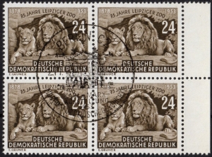 DDR: MiNr. 397 X II, 02.11.1953, 75 Jahre Leipziger Zoo, geprüft, Viererblock, Ersttagssonderstempel (Bogenentwertung)