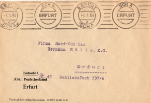 DDR: Umschlag des Postscheckamtes Erfurt: gebührenfreie Beförderung für Kontoinhaber