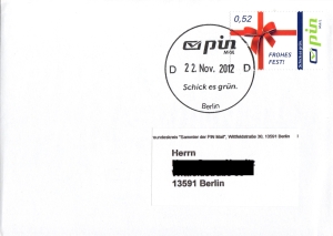 PIN Mail: MiNr. 170, 02.11.2012, Weihnachten 2012, Ganzstück (Umschlag), Tagesstempel