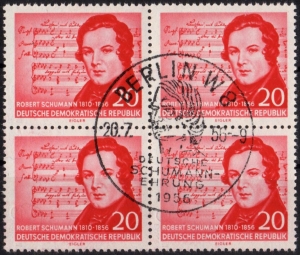 DDR: MiNr. 529 X I, 20.07.1956, "100. Todestag von Robert Schumann", geprüft, Viererblock, Ersttagssonderstempel (Bogenentwertung)