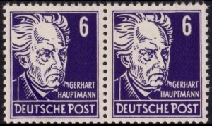 DDR: MiNr. 328 v b X I, 00.00.1953, "Persönlichkeiten aus Politik, Kunst und Wissenschaft: Gerhart Hauptmann", waagerechtes Paar, geprüft, postfrisch