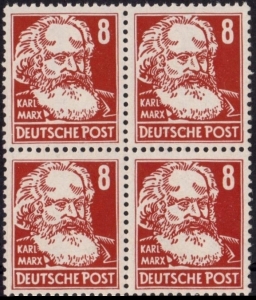 DDR: MiNr. 329 v a X II, 00.00.1953, Persönlichkeiten aus Politik, Kunst und Wissenschaft: Karl Marx, Viererblock, geprüft, postfrisch