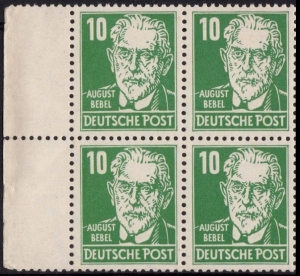 DDR: MiNr. 330 v a X II, 00.00.1953, "Persönlichkeiten aus Politik, Kunst und Wissenschaft: August Bebel", Viererblock Rli, geprüft, postfrisch