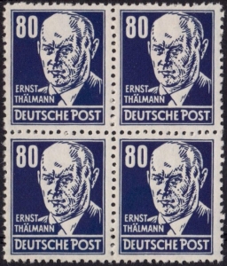 DDR: MiNr. 339 v a X I, 00.00.1953, "Persönlichkeiten aus Politik, Kunst und Wissenschaft: Ernst Thälmann", Viererblock, geprüft, postfrisch