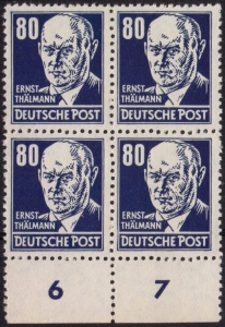 DDR: MiNr. 339 v a X I, 00.00.1953, Persönlichkeiten aus Politik, Kunst und Wissenschaft: Ernst Thälmann, Viererblock UR, geprüft, postfrisch