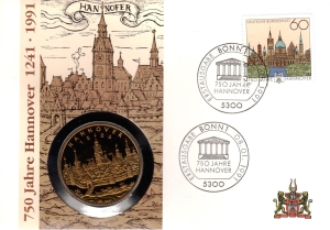 BRD: MiNr. 1491, 08.01.1991, Briefmarkenausgabe "750 Jahre Hannover", Numisbrief (Umschlag), Sonderstempel