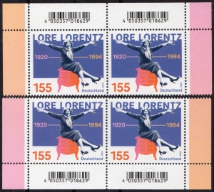 BRD: MiNr. 3565, 09.09.2020, "100. Geburtstag von Lore Lorentz", Eckrandstücke mit Codierung (Paar), postfrisch