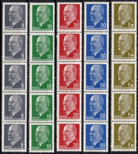 DDR: 1961, 1963, 1970, Walter Ulbricht, 5 x Rollenstreifen (2), postfrisch
