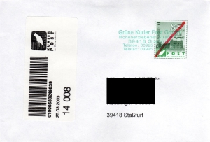 Grüne Kurier Post: MiNr. V, 02.01.2003, Sehenswürdigkeiten in Sachsen-Anhalt, Ganzstück (Umschlag 3), Firmenstempel