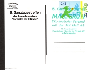 PIN Mail: MiNr. 159, 13.11.2010, "Ampelmännchen", Ganzstück (Postkarte), Sonderstempel "5. Ganztagstreffen"