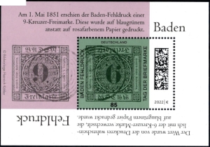 BRD: MiNr. 3719 Bl. 90, 06.10.2022, "Tag der Briefmarke: Baden-Fehldruck", Block, postfrisch