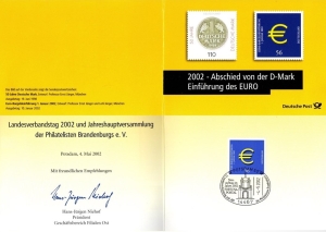 BRD: MiNr. 2236, 10.01.2002, Sonderkarte "Einführung der Euro-Münzen und -Banknoten", Sonderstempel "Potsdam / Fortuna-Portal / 04.05.2002"