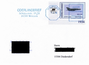 Oderlandbrief: MiNr. 5 A, 14.08.2004, "70 Jahre Flugplatz Neuhardenberg", Ganzstück (Umschlag), Tagesstempel