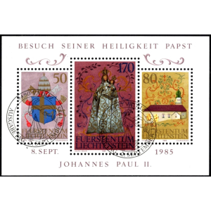 Liechtenstein: MiNr. 878 - 880 Bl. 12, 02.09.1985, "Besuch von Papst Johannes Paul II. in Liechtenstein", ESSt.