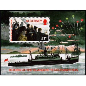 GB, Guernsey: Alderney: MiNr. 89 Bl. 1, 16.11.1995, "50. Jahrestag der Rückkehr der Inselbewohner nach dem Zweiten Weltkrieg", Block, ESt.