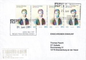 RPV: 01.03.2011, "Corona Schröter", Ganzstück (Umschlag), Tagesstempel, Einschreiben