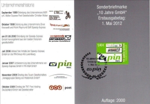 PIN Mail Woltersdorf: 01.05.2012, "10 Jahre GmbH", Klappkarte (FDC), Ersttagssonderstempel