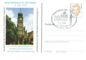 BRD: 09.05.1998, 8. Landesverbandstag, Brandenburg an der Havel, Ganzsache (Postkarte), Altstädtisches Rathaus, Sonderstempel