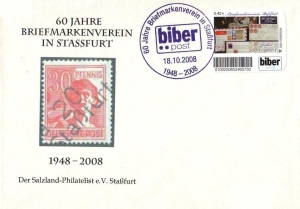 Biberpost: 18.10.2008, 60 Jahre Briefmarkenverein Staßfurt, Satz, Typ V (weiter Abstand), Sonderbeleg mit Sonderstempel