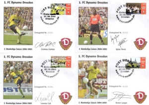 PostModern: MiNr. 14 - 17, 07.08.2004, "Dynamo Dresden", Satz, FDC-Set, Ersttagssonderstempel