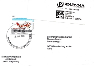 Biberpost: 00.12.2013, "Weihnachten: Schlitten", Satz, Ganzstück (Umschlag)