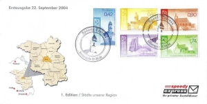 speedy-express: MiNr. 1 - 5, 22.09.2004, "Städte unserer Region", Satz, FDC