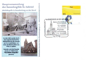 BRD: 12.09.2009, "Mitgliederversammlung der Sammlergilde St. Gabriel, Brandenburg an der Havel", Ganzstück (Umschlag), BRD MiNr. 2734 "Post", Sonderstempel