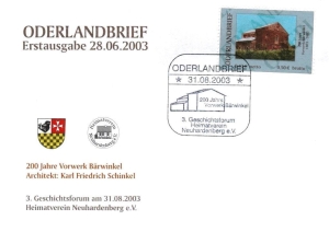 Oderlandbrief: MiNr. 2 B, 31.08.2003, "3. Geschichtsforum Heimatverein", Ganzstück (Umschlag), Sonderstempel