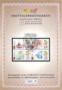 Turbopost: MiNr. 7 - 10, 03.06.2006, 750 Jahre Neuruppin, Satz, offizielles Ersttagsblatt, Ersttagssonderstempel